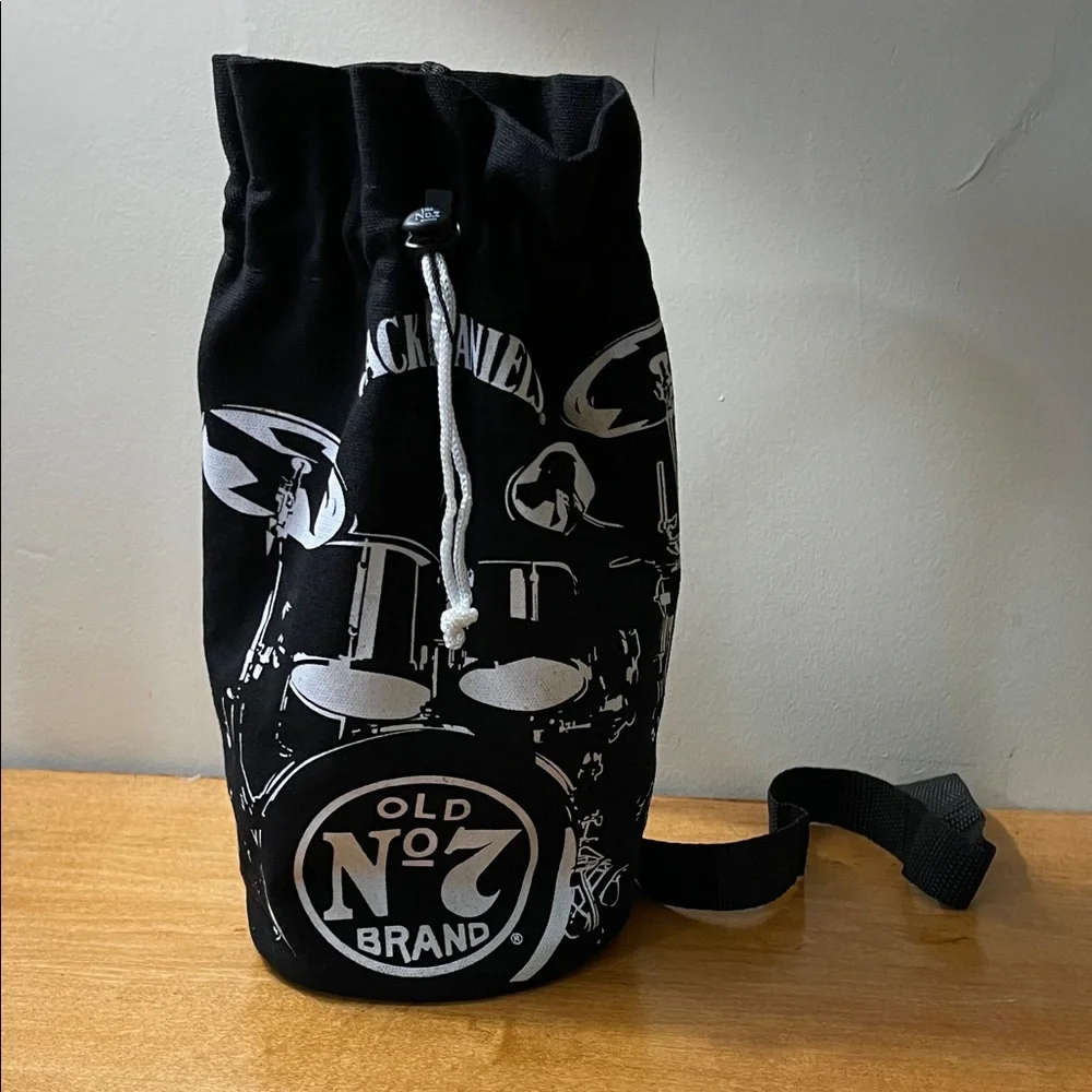 Jack Daniels Black Drawstring Bottle Bag with Drum Graphic